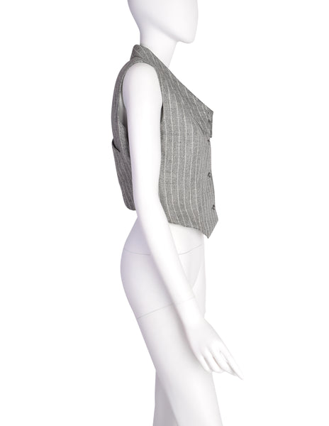 Lanvin Vintage Stunning Grey Striped Cropped Cross-Over Back Button Up Gilet Top