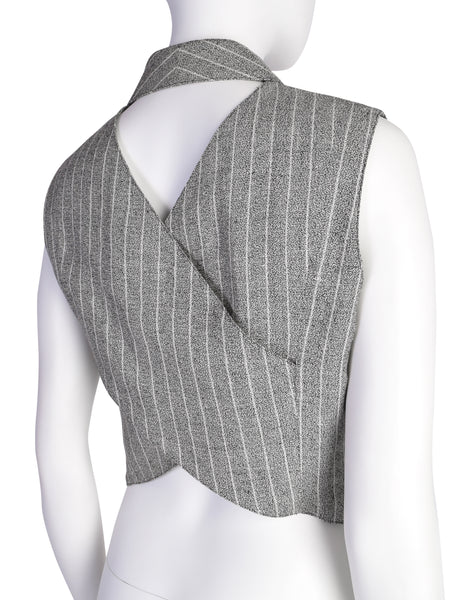 Lanvin Vintage Stunning Grey Striped Cropped Cross-Over Back Button Up Gilet Top