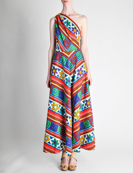 Lanvin Vintage Multicolor Graphic Floral Print One-Shoulder Maxi Dress