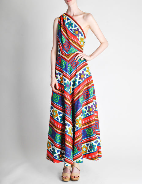 Lanvin Vintage Multicolor Graphic Floral Print One-Shoulder Maxi Dress