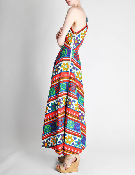 Lanvin Vintage Multicolor Graphic Floral Print One-Shoulder Maxi Dress