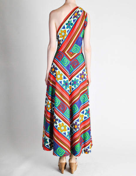 Lanvin Vintage Multicolor Graphic Floral Print One-Shoulder Maxi Dress