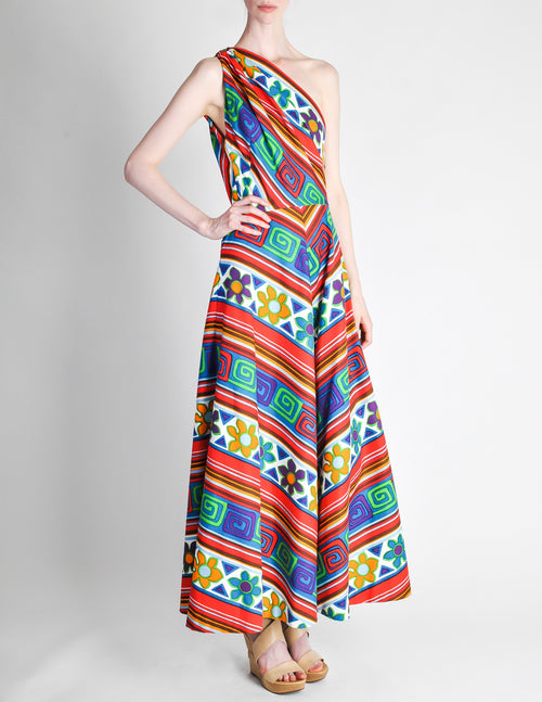 Lanvin Vintage Multicolor Graphic Floral Print One Shoulder Maxi Dress Amarcord Vintage Fashion