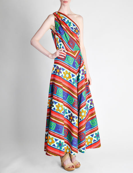 Lanvin Vintage Multicolor Graphic Floral Print One-Shoulder Maxi Dress