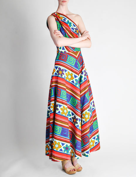 Lanvin Vintage Multicolor Graphic Floral Print One-Shoulder Maxi Dress
