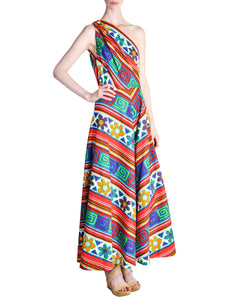 Lanvin Vintage Multicolor Graphic Floral Print One-Shoulder Maxi Dress