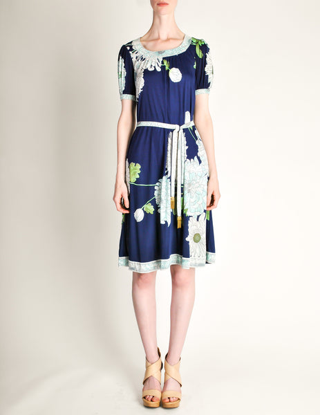 Leonard Vintage Blue Silk Jersey Floral Print Dress