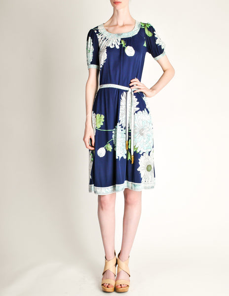 Leonard Vintage Blue Silk Jersey Floral Print Dress - Amarcord Vintage Fashion
 - 4