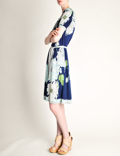 Leonard Vintage Blue Silk Jersey Floral Print Dress - Amarcord Vintage Fashion
 - 5