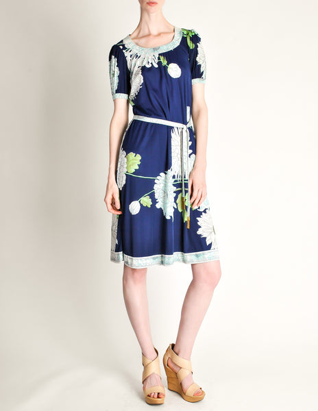 Leonard Vintage Blue Silk Jersey Floral Print Dress