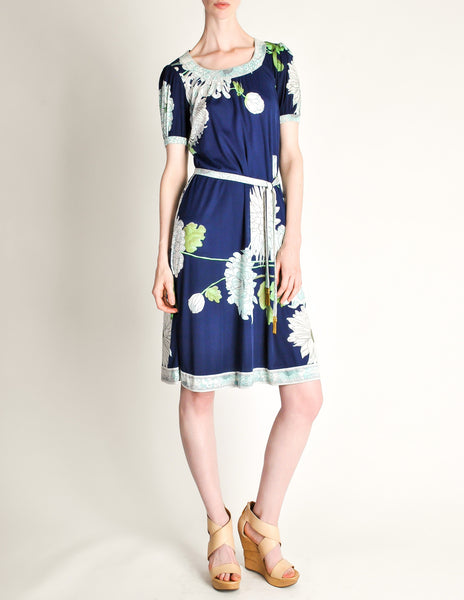 Leonard Vintage Blue Silk Jersey Floral Print Dress - Amarcord Vintage Fashion
 - 2