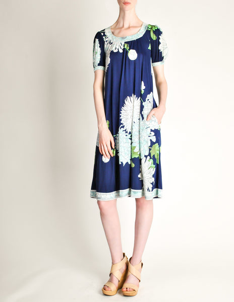 Leonard Vintage Blue Silk Jersey Floral Print Dress - Amarcord Vintage Fashion
 - 6