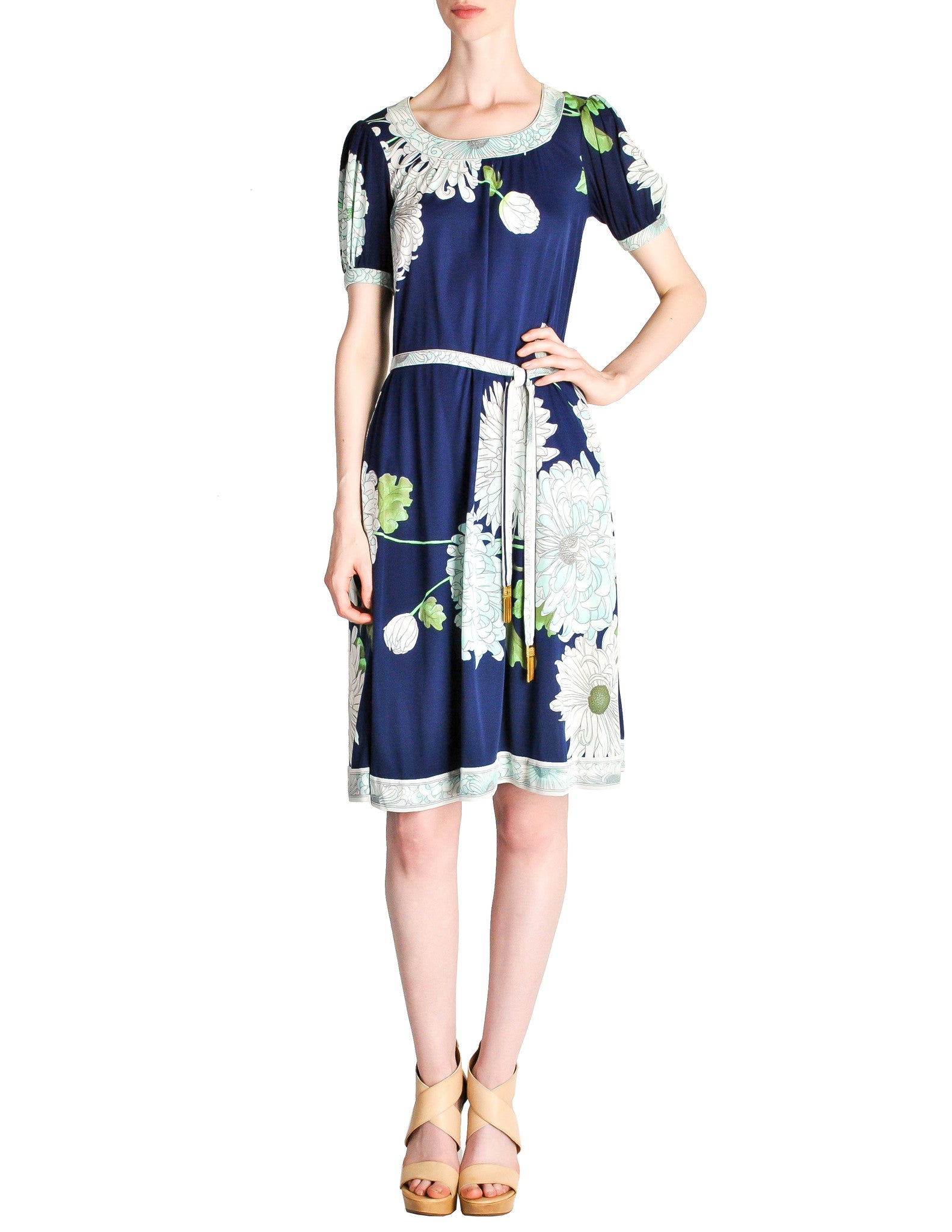 Leonard Vintage Blue Silk Jersey Floral Print Dress - Amarcord Vintage Fashion
 - 1