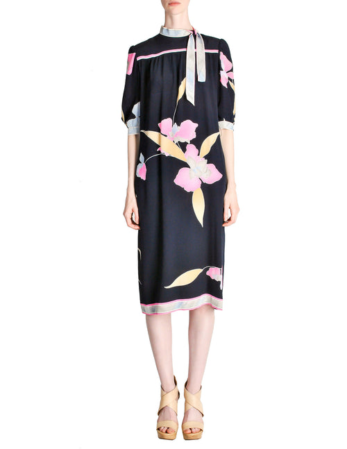 Leonard Vintage Blue Silk Crepe Watercolor Floral Print Dress