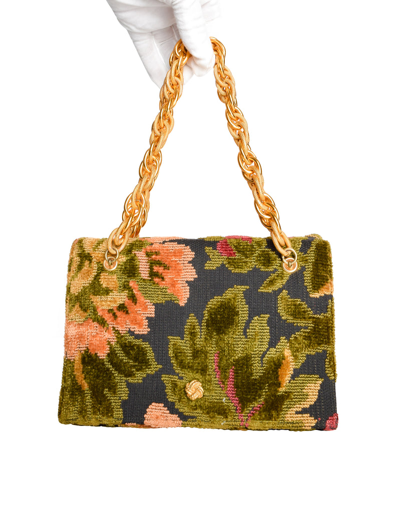 Lewis Vintage 1960s Black Colorful Floral Chenille Carpet Handbag