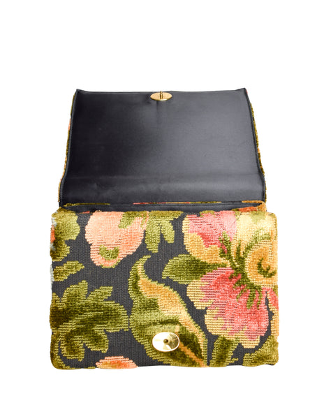 Lewis Vintage 1960s Black Colorful Floral Chenille Carpet Handbag