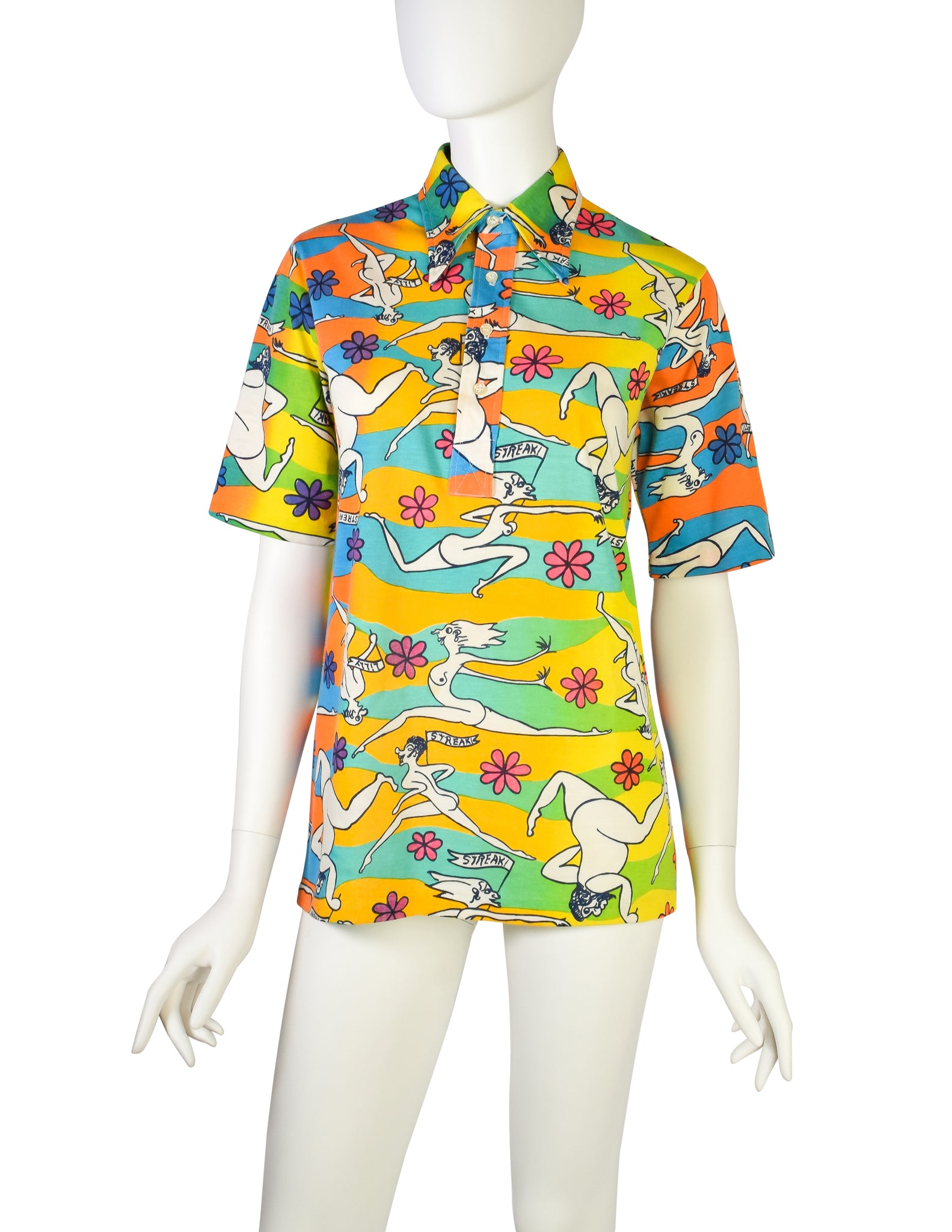 Lilly Pulitzer Vintage 1970s Iconic Multicolor 'Streaker' Nude Illustration Novelty Print Polo Shirt