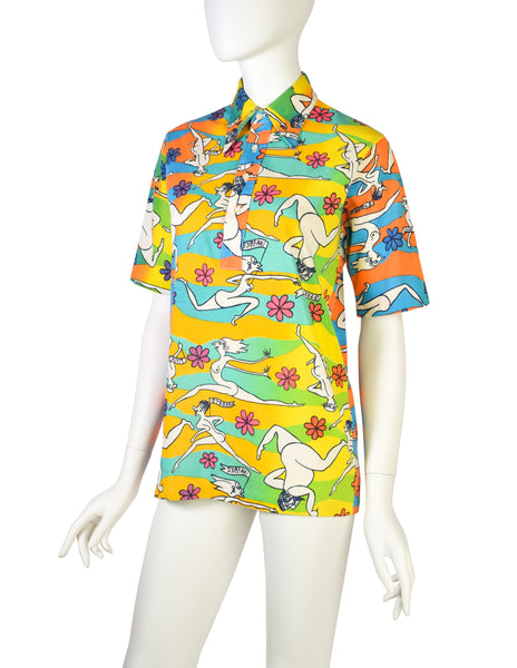 Lilly Pulitzer Vintage 1970s Iconic Multicolor 'Streaker' Nude Illustration Novelty Print Polo Shirt