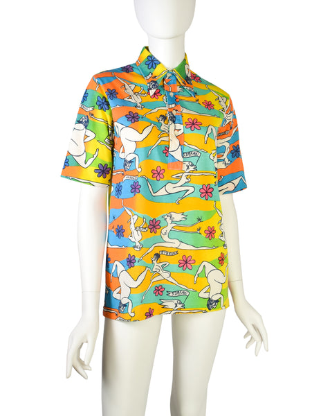 Lilly Pulitzer Vintage 1970s Iconic Multicolor 'Streaker' Nude Illustration Novelty Print Polo Shirt