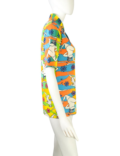 Lilly Pulitzer Vintage 1970s Iconic Multicolor 'Streaker' Nude Illustration Novelty Print Polo Shirt