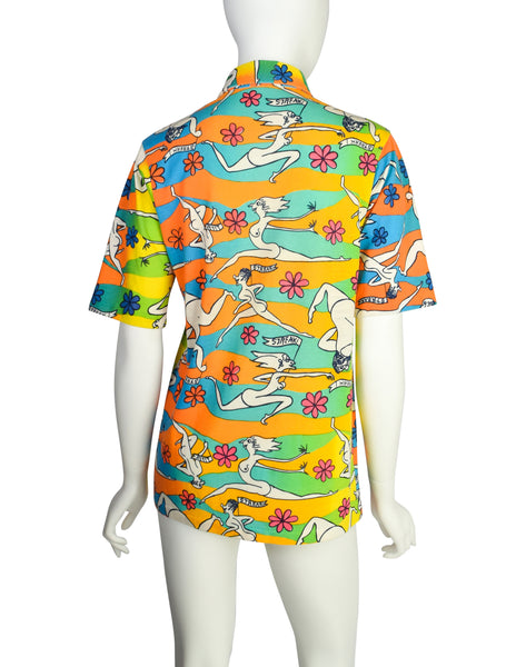Lilly Pulitzer Vintage 1970s Iconic Multicolor 'Streaker' Nude Illustration Novelty Print Polo Shirt