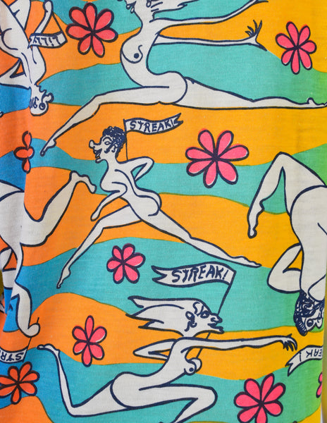 Lilly Pulitzer Vintage 1970s Iconic Multicolor 'Streaker' Nude Illustration Novelty Print Polo Shirt