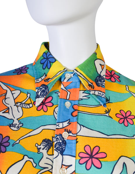 Lilly Pulitzer Vintage 1970s Iconic Multicolor 'Streaker' Nude Illustration Novelty Print Polo Shirt