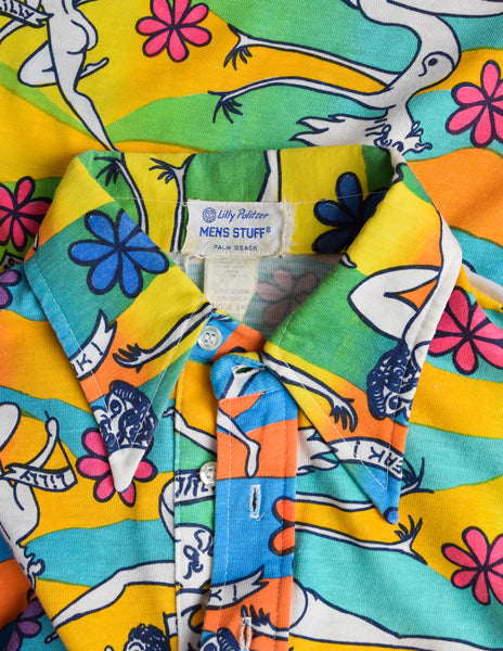 Lilly Pulitzer Vintage 1970s Iconic Multicolor 'Streaker' Nude Illustration Novelty Print Polo Shirt