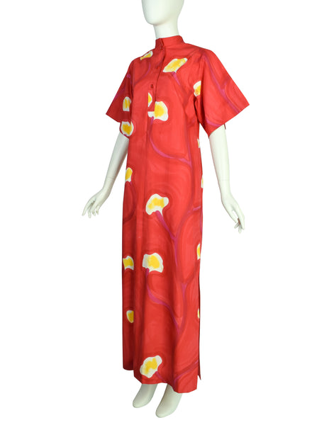Livio de Simone Vintage Red Painterly Abstract Floral Cotton Caftan Dress
