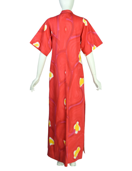 Livio de Simone Vintage Red Painterly Abstract Floral Cotton Caftan Dress