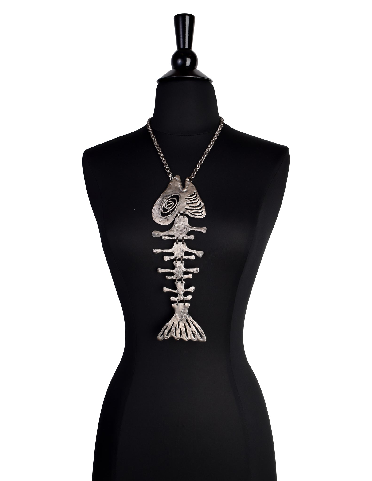Louis Giusti Attributed Vintage 1960s Mid Century Massive Oversized Silver Fish Skeleton Necklace