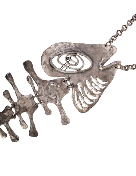 Louis Giusti Attributed Vintage 1960s Mid Century Massive Oversized Silver Fish Skeleton Necklace