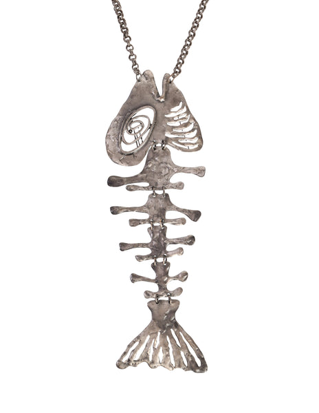 Louis Giusti Attributed Vintage 1960s Mid Century Massive Oversized Silver Fish Skeleton Necklace
