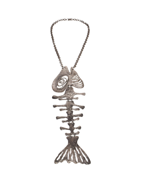 Louis Giusti Attributed Vintage 1960s Mid Century Massive Oversized Silver Fish Skeleton Necklace