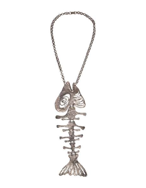 Louis Giusti Attributed Vintage 1960s Mid Century Massive Oversized Silver Fish Skeleton Necklace