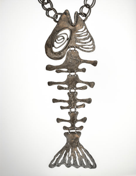 Louis Giusti Vintage Massive Silver Fish Skeleton Pendant Necklace