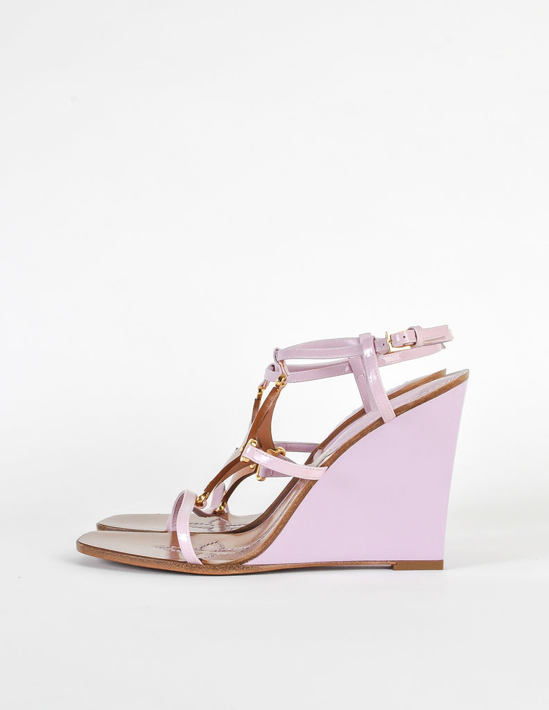 Leather Monogram Low Wedge Sandals, WHITE
