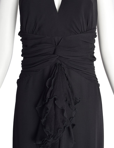 Luisa Spagnoli Vintage Black Silk Georgette Layered Train Halter Dress