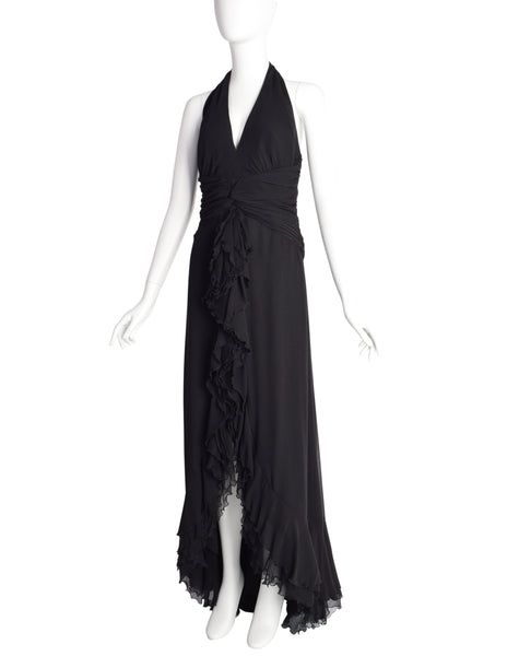 Luisa Spagnoli Vintage Black Silk Georgette Layered Train Halter Dress