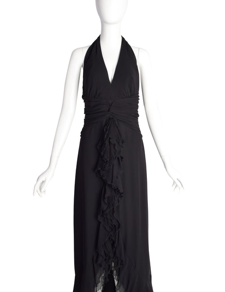 Luisa Spagnoli Vintage Black Silk Georgette Layered Train Halter Dress