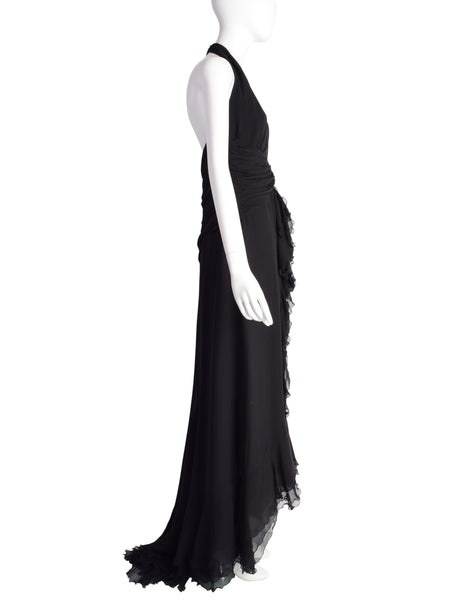 Luisa Spagnoli Vintage Black Silk Georgette Layered Train Halter Dress