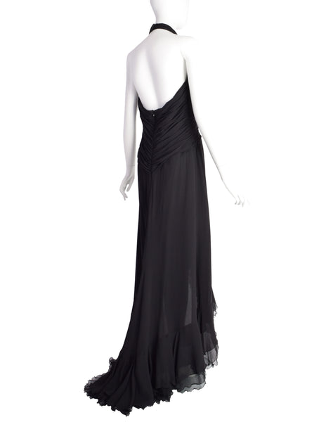 Luisa Spagnoli Vintage Black Silk Georgette Layered Train Halter Dress