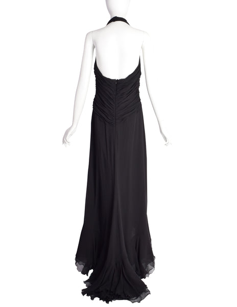 Luisa Spagnoli Vintage Black Silk Georgette Layered Train Halter Dress