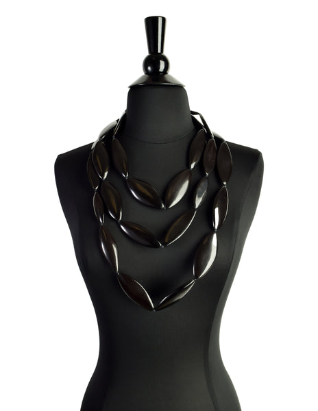 Monies Vintage Black Brown Polished Ebony Extra Long Sautoir Necklace