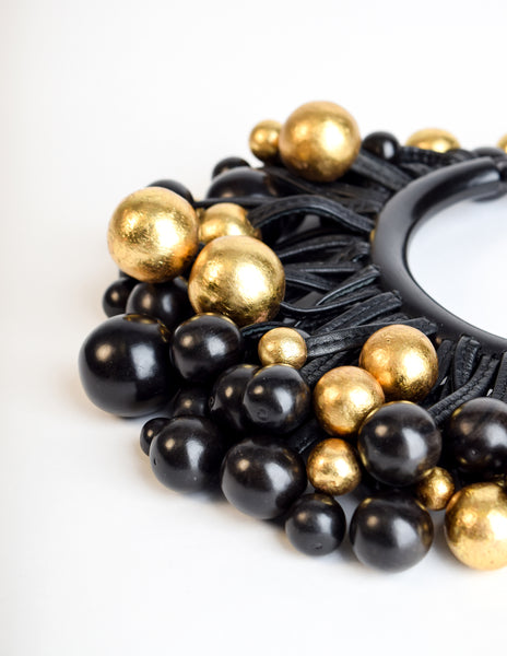 Monies Vintage Black Ebony Gold Leaf Leather Cluster Ball Choker Necklace