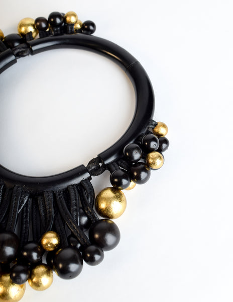 Monies Vintage Black Ebony Gold Leaf Leather Cluster Ball Choker Necklace