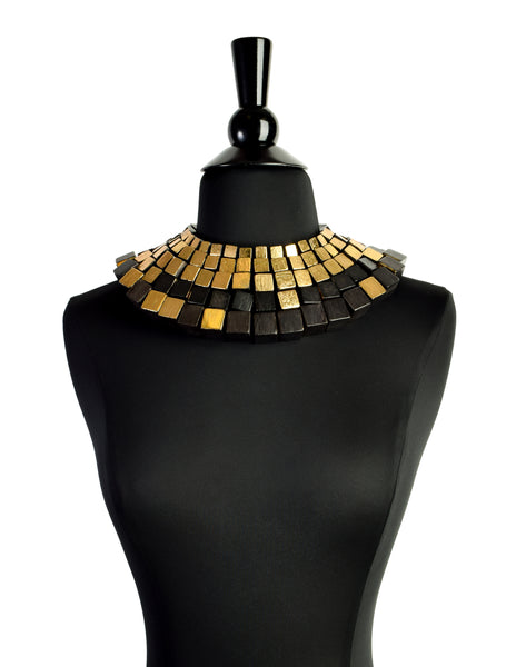 Monies Vintage Black Acacia Wood and Gold Leaf Massive Statement Choker Collar Necklace