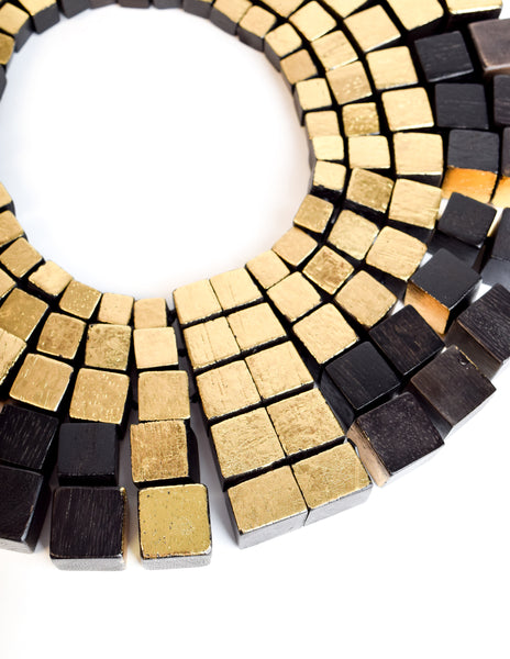 Monies Vintage Black Acacia Wood and Gold Leaf Massive Statement Choker Collar Necklace