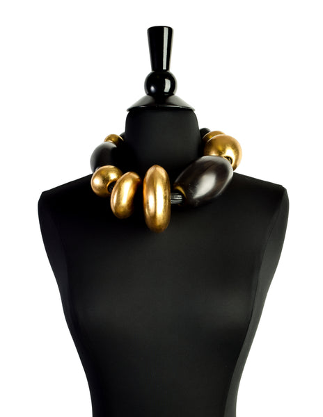 Monies Vintage Brown Black Kamagong Wood Gold Leaf Chunky Oversized Statement Necklace