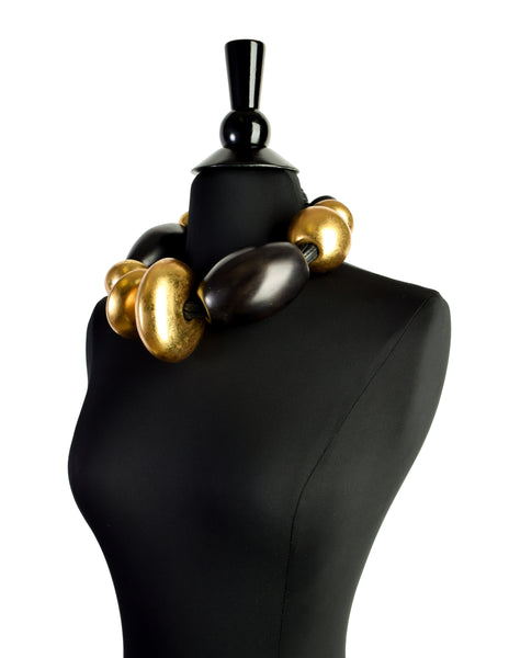 Monies Vintage Brown Black Kamagong Wood Gold Leaf Chunky Oversized Statement Necklace